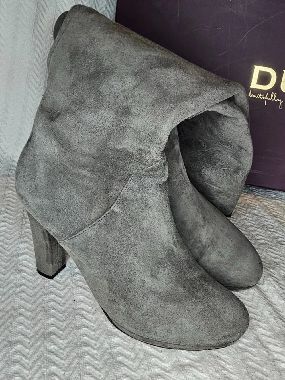 Duo Data 4.25” Block Heel Knee High Fold-Over Wide Calf Tall Suede Boots EU39 L